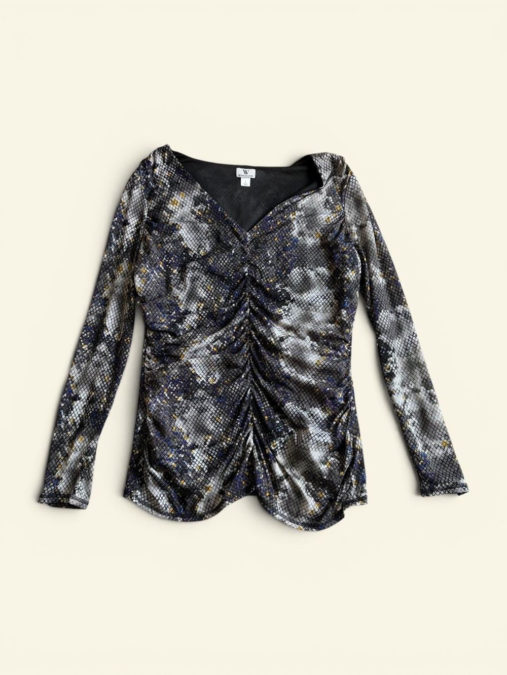 Worthington Vintage Y2K Snakeskin Print Ruched V-Neck Long Sleeve Top Women's L